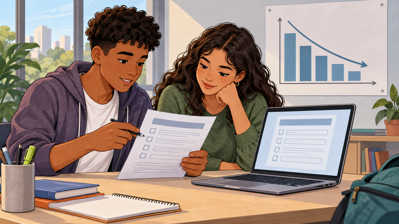 Dois estudantes comparam um formulário em papel com outro na tela de um computador, diante de um gráfico decrescente.