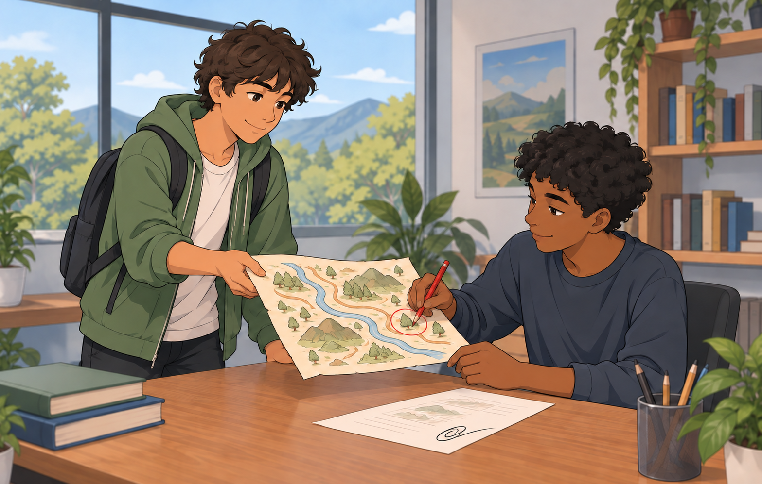 Dois estudantes observam um mapa com rio, montanhas e árvores; um deles marca uma árvore com um lápis vermelho.