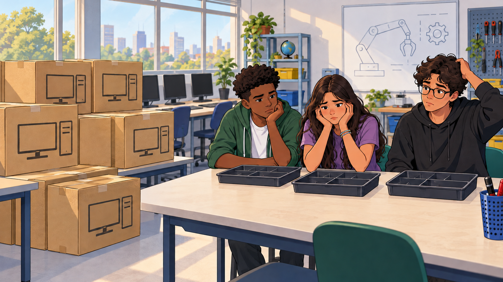 Três estudantes observam bandejas vazias numa sala com caixas de computadores e um desenho de braço robótico.