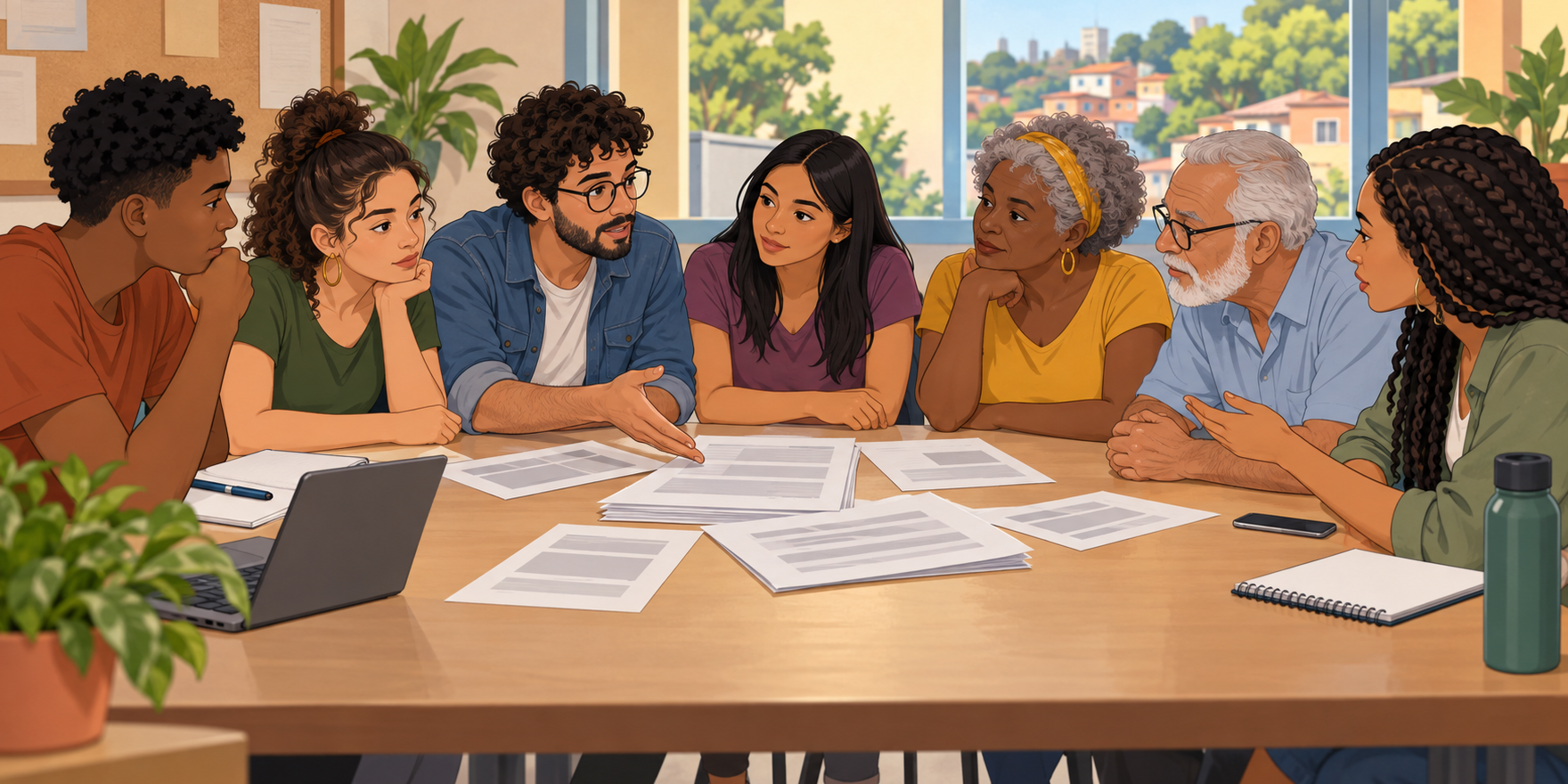 Jovens e adultos de diferentes gerações conversam em torno de uma mesa coberta de documentos.