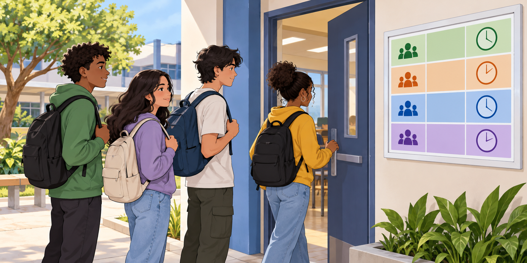 Quatro estudantes entram numa sala ao lado de um quadro com grupos coloridos e relógios.
