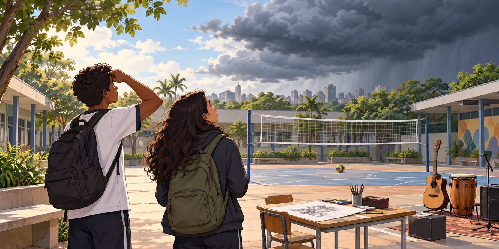 Dois estudantes observam nuvens de chuva sobre uma quadra com rede, ao lado de instrumentos musicais e materiais de desenho.