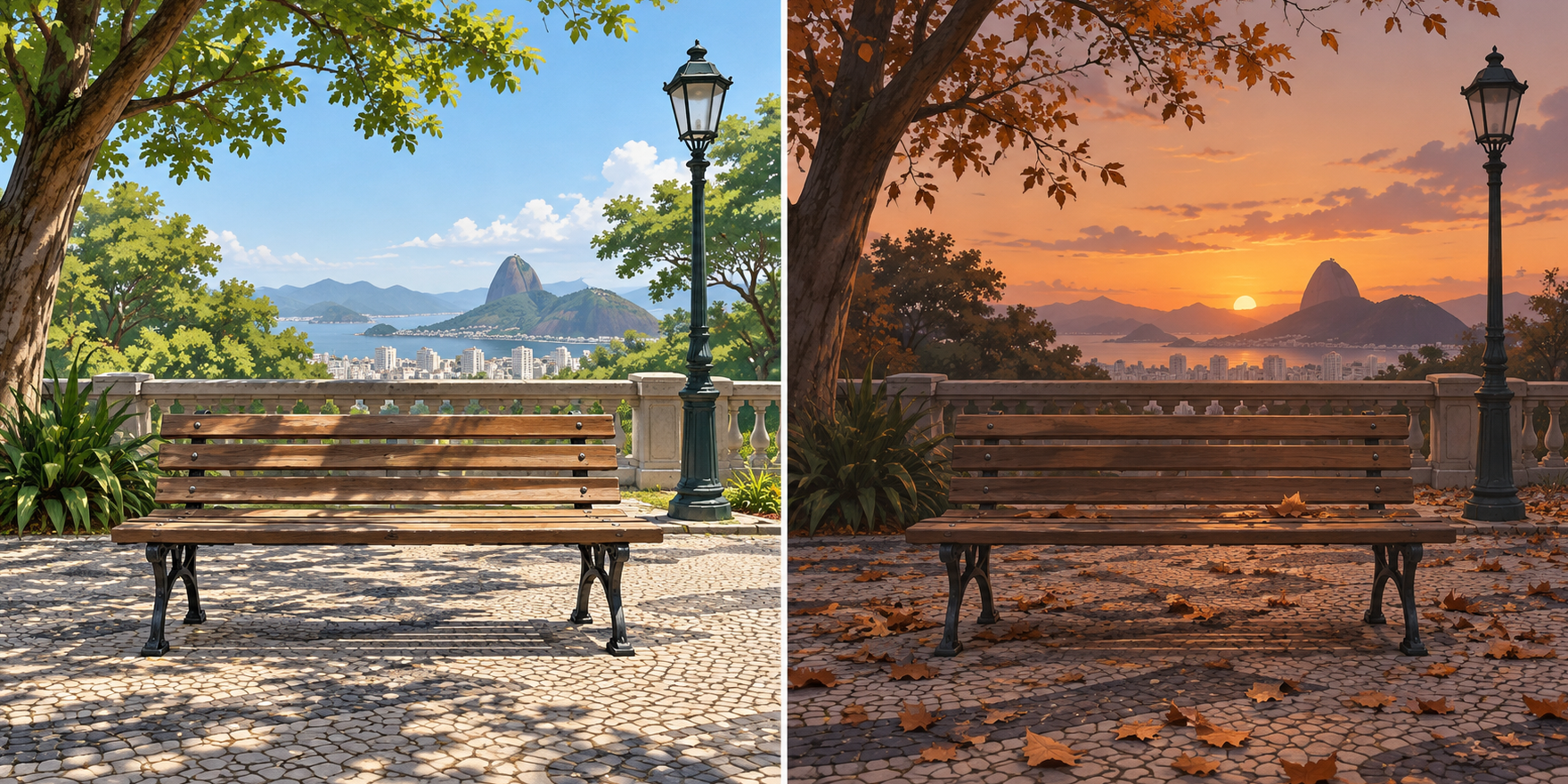 Duas vistas do mesmo banco de praça e da paisagem do Rio de Janeiro, de dia e ao pôr do sol.