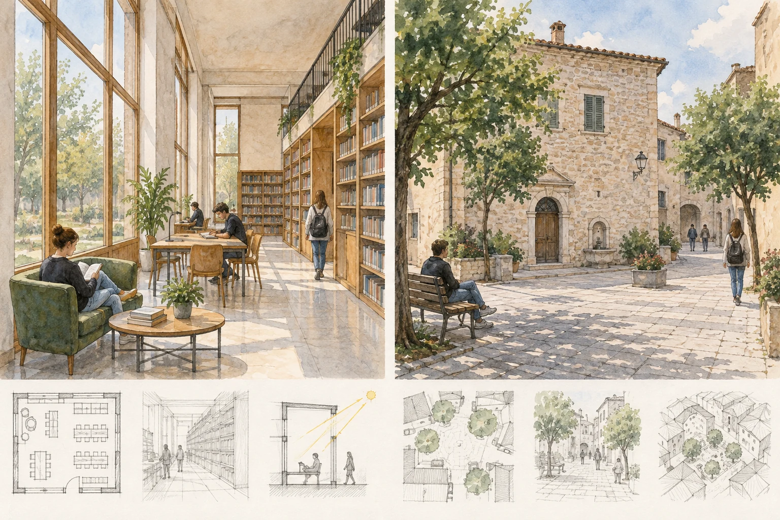 Interno di biblioteca immaginaria e piazza immaginaria con piccoli schizzi di pianta senza scala.