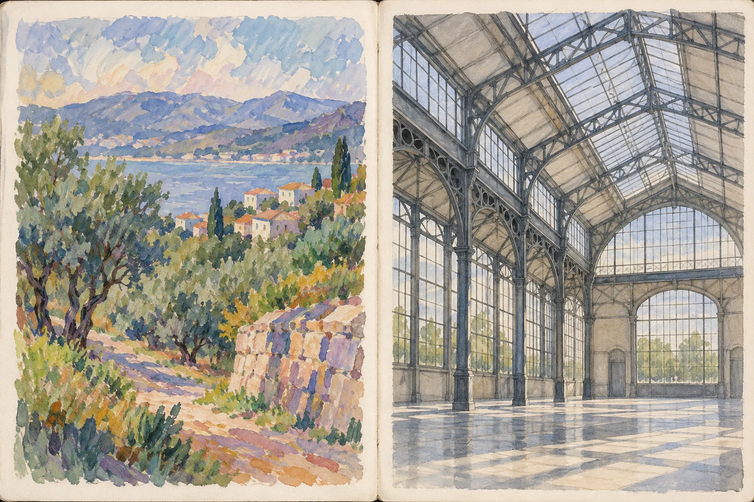 Quaderno con paesaggio cromatico originale e studio separato di una struttura di ferro e vetro.