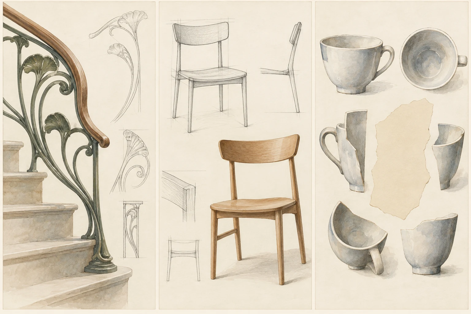 Tre pannelli originali: corrimano vegetale, studio di sedia e tazza vista in forme separate.