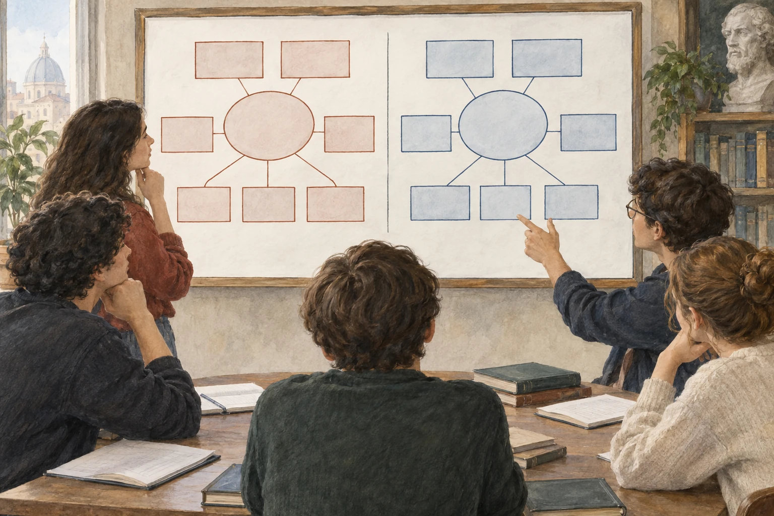 Gruppo di studenti confronta due mappe argomentative vuote su una lavagna.