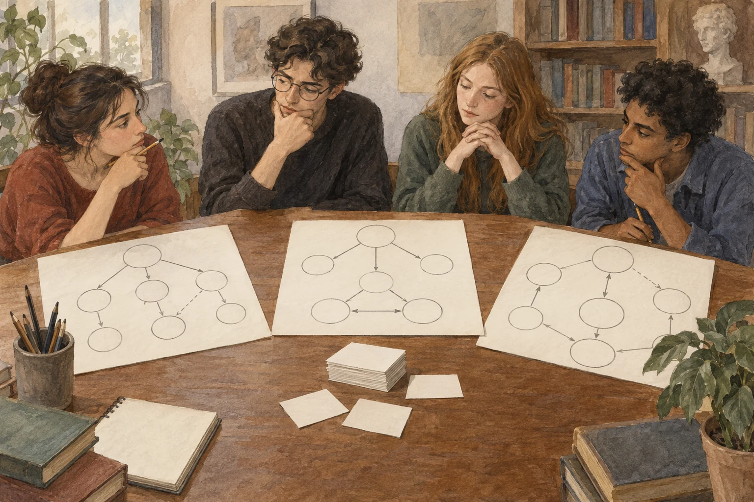 Quattro studenti discutono tre mappe argomentative fatte di nodi vuoti e frecce.