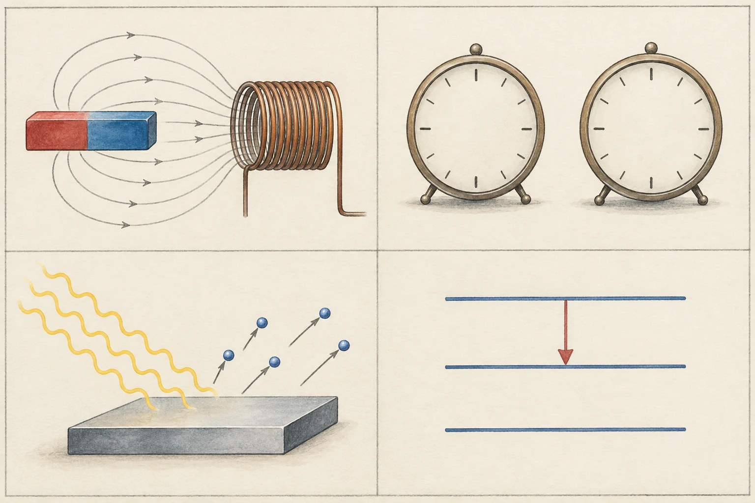 Quattro pannelli schematici: calamita e bobina, orologi senza lancette, luce e metallo, tre livelli energetici.