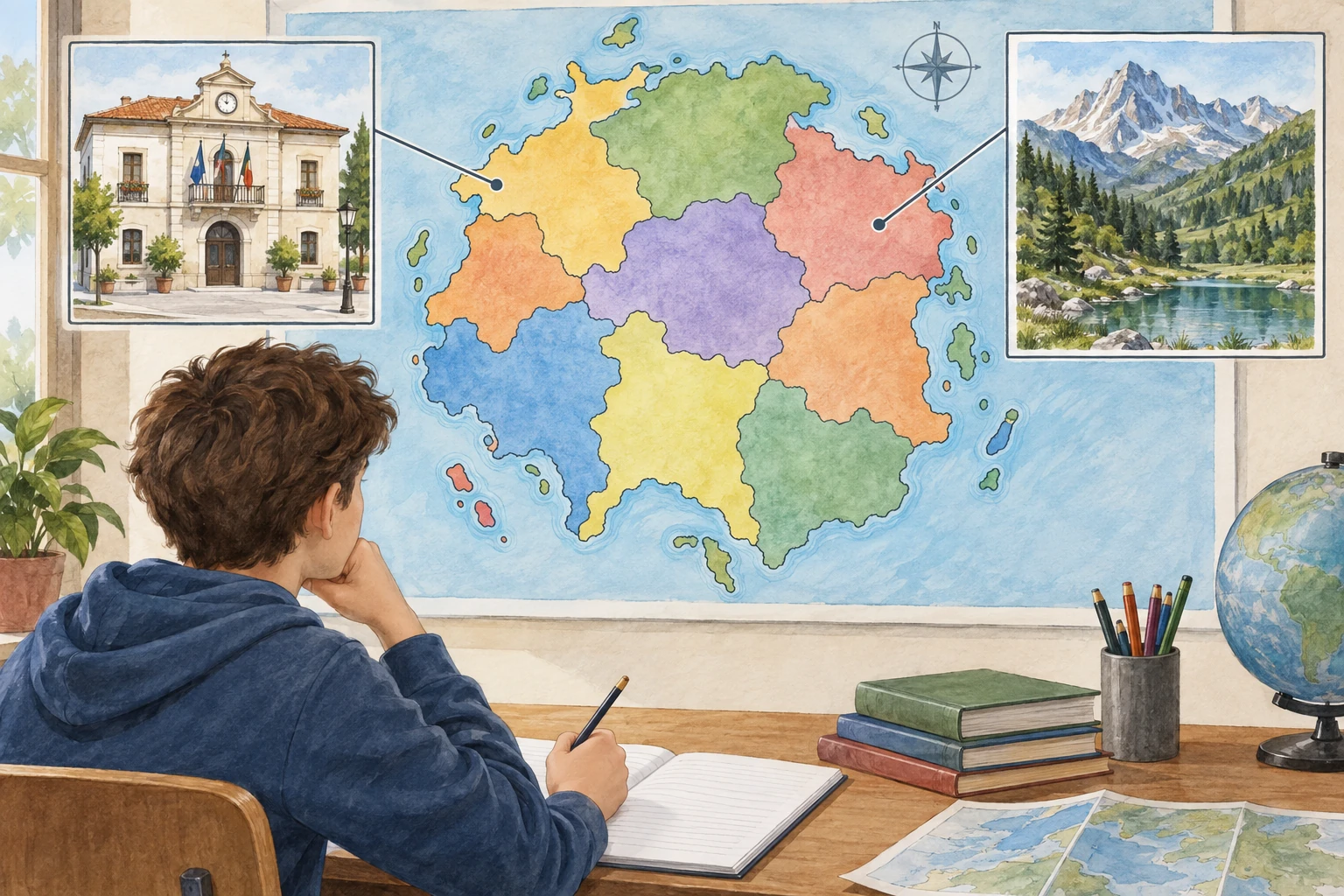 Studente osserva mappa amministrativa di un'isola inventata, un municipio e un paesaggio montano.