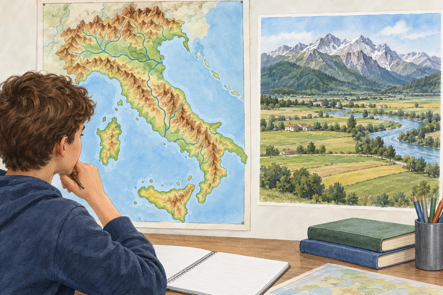 Studente osserva carta fisica illustrativa d'Italia e paesaggio con monti, pianura e fiume.