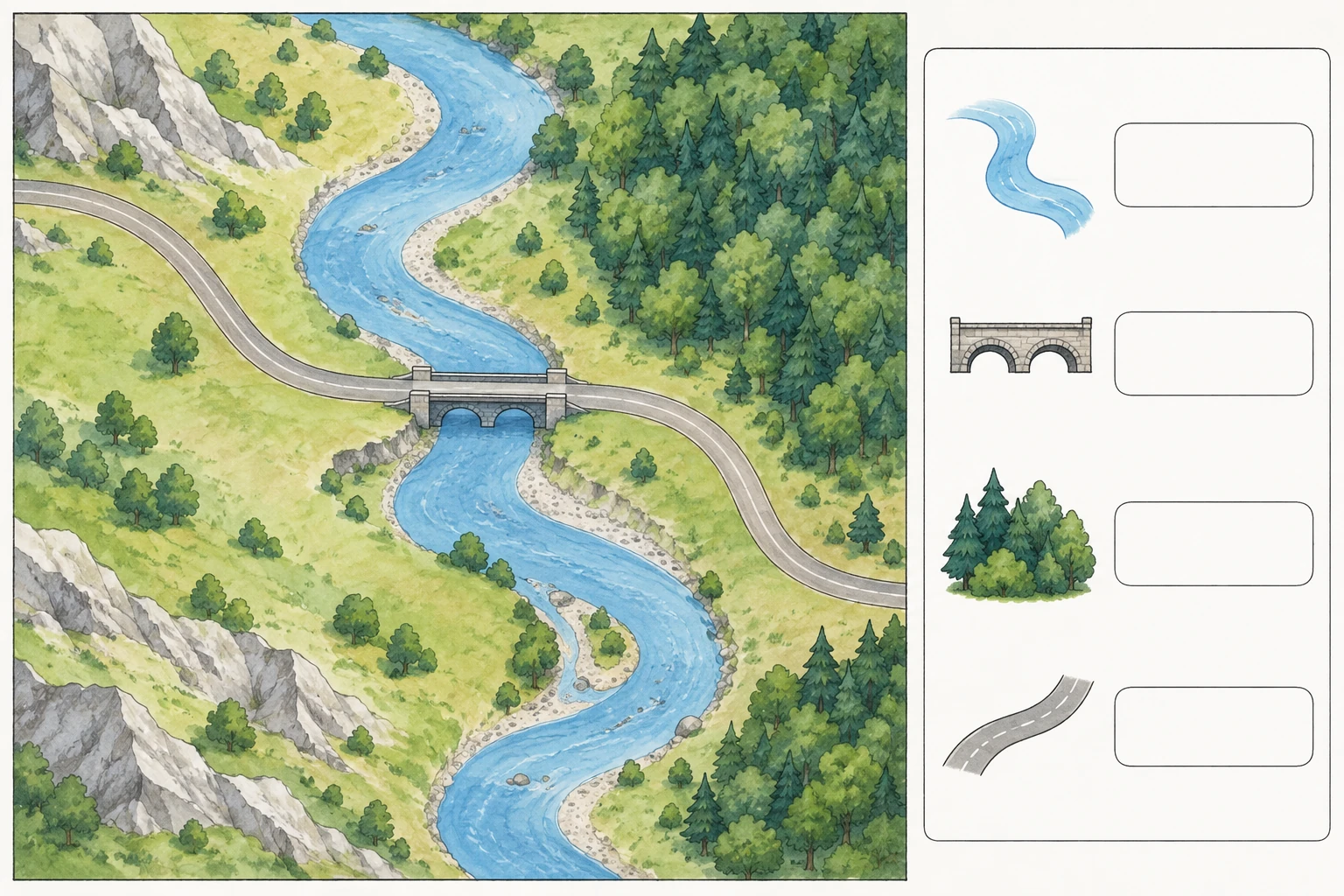 Carta fantastica di una valle con fiume, ponte, bosco e strada; accanto simboli grafici in una legenda senza nomi.