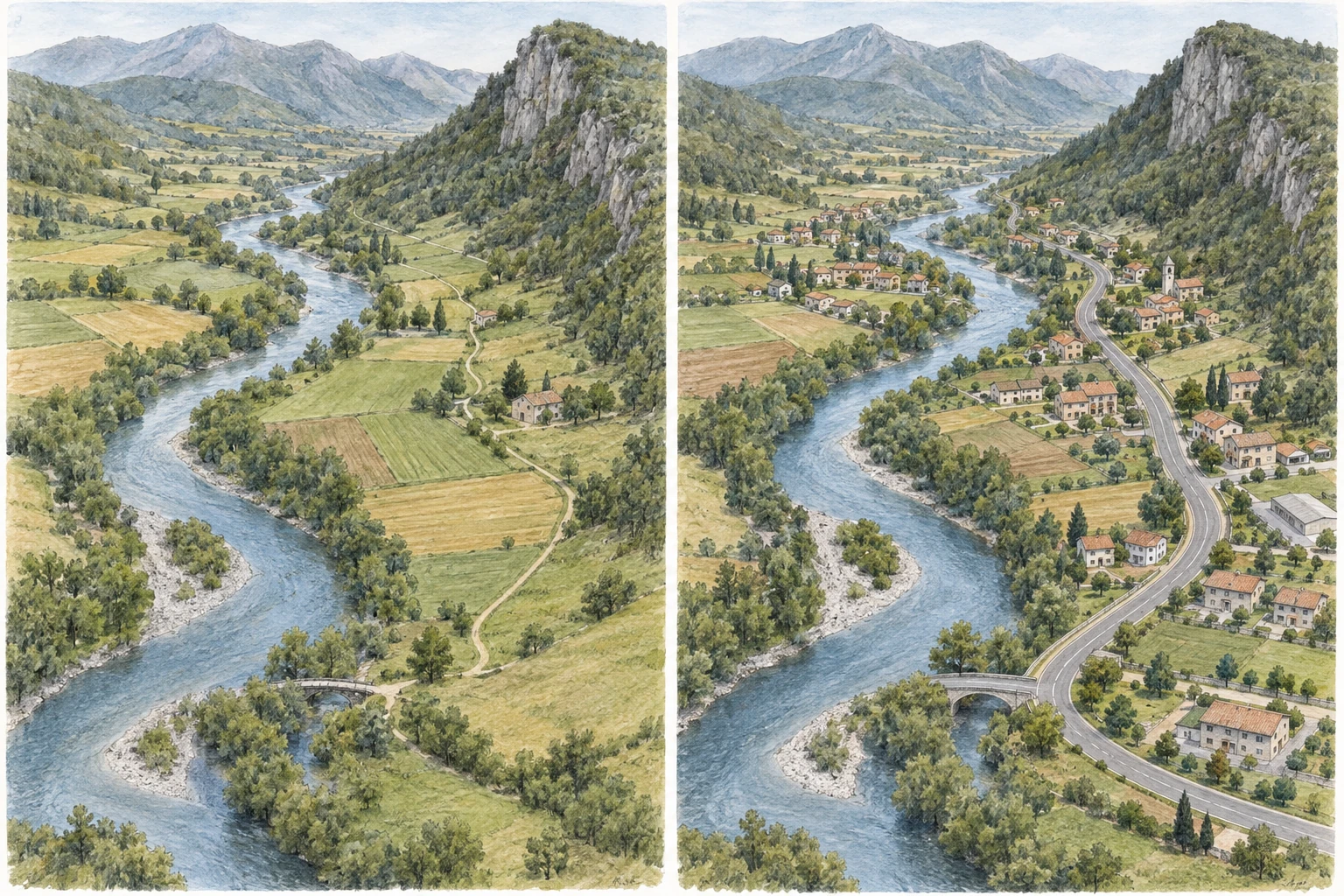 Due viste di valle immaginaria: fiume e monti restano, aumentano case e strada.