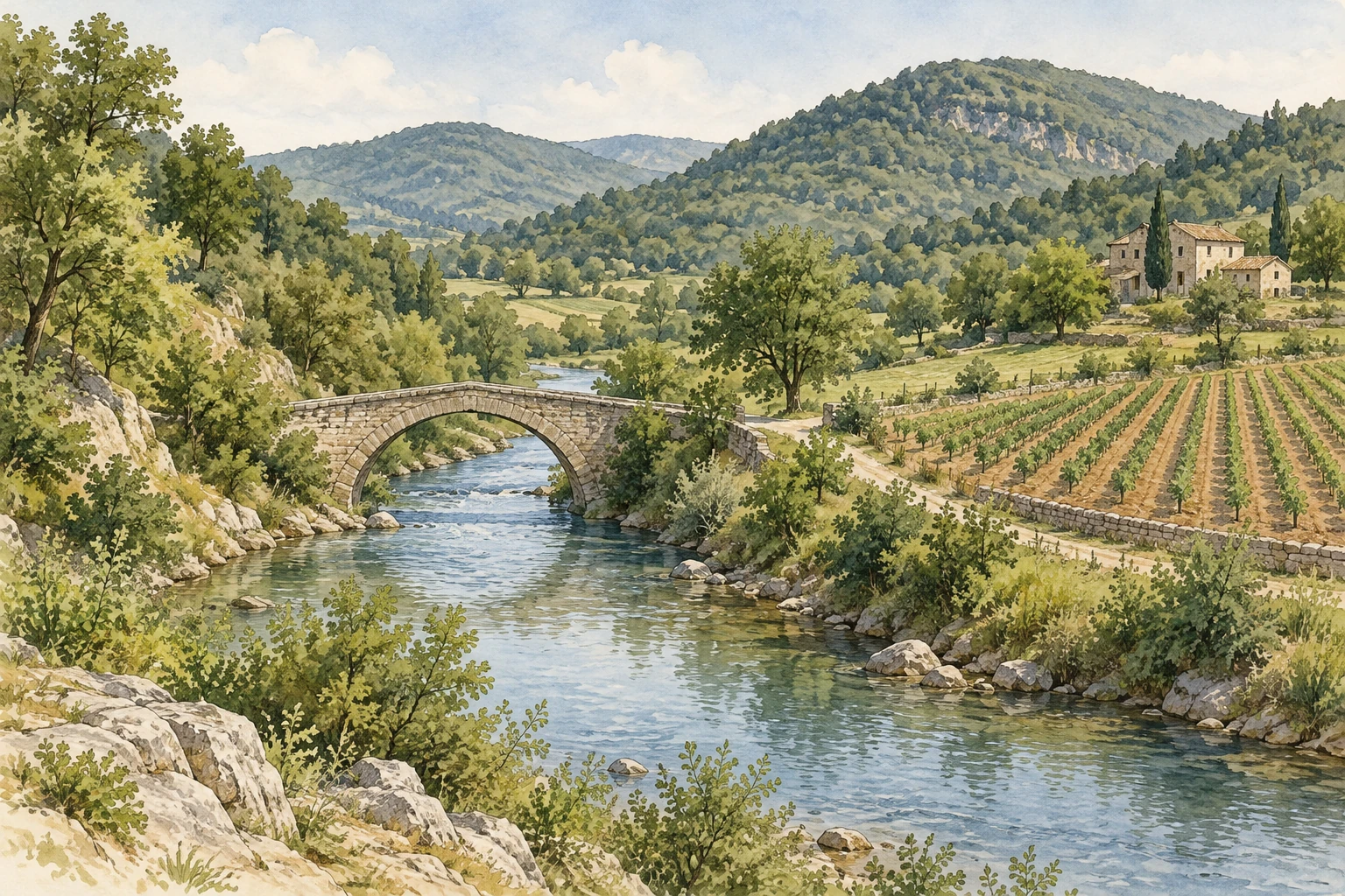 Valle con fiume e colline boscose; un ponte in pietra attraversa il fiume, accanto a campi in filari ed edifici.