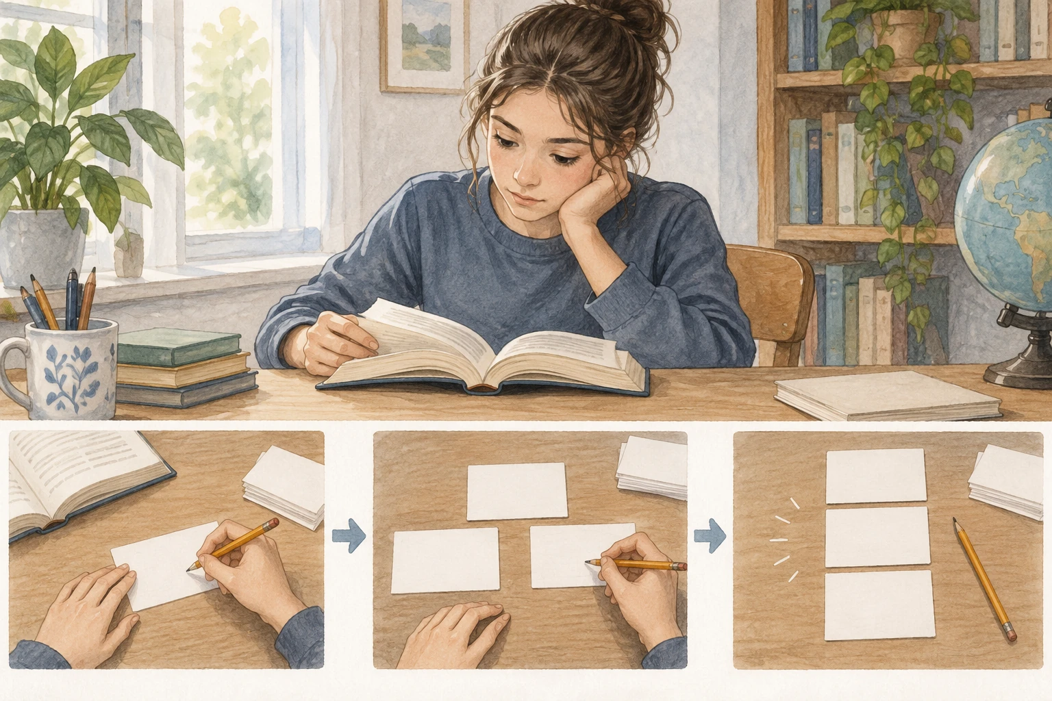 Studentessa legge e ordina schede bianche per preparare una scaletta.