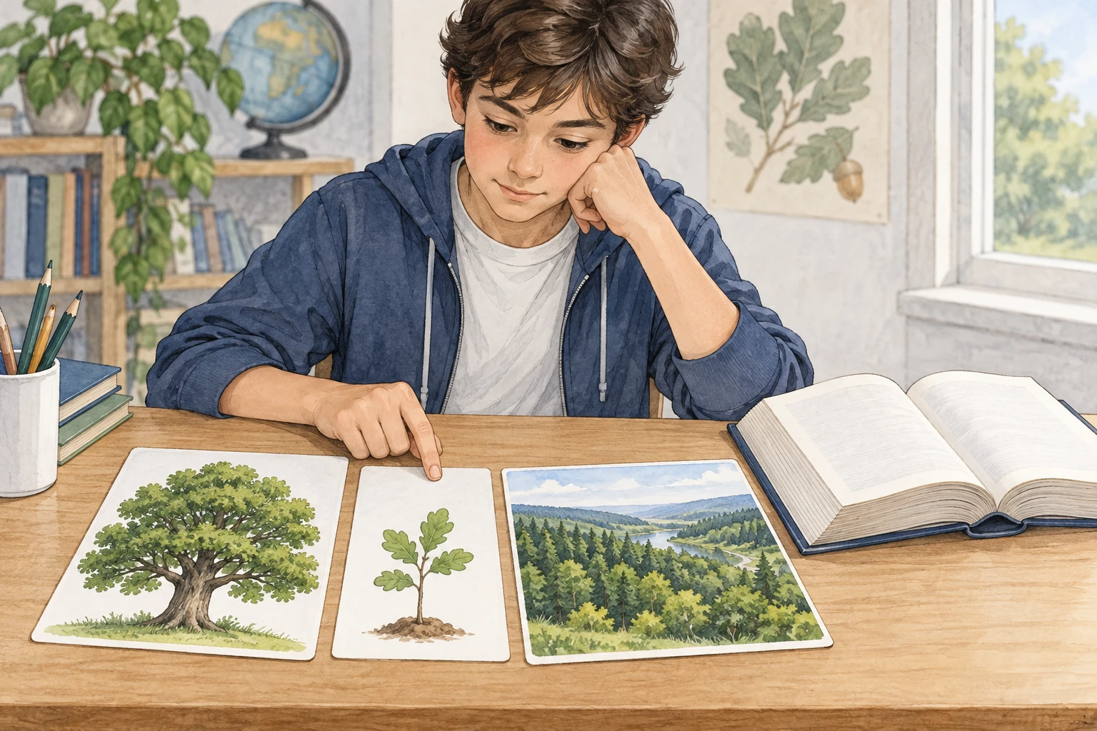 Studente confronta tre carte illustrate con una quercia, un alberello e un bosco vicino a un dizionario aperto.