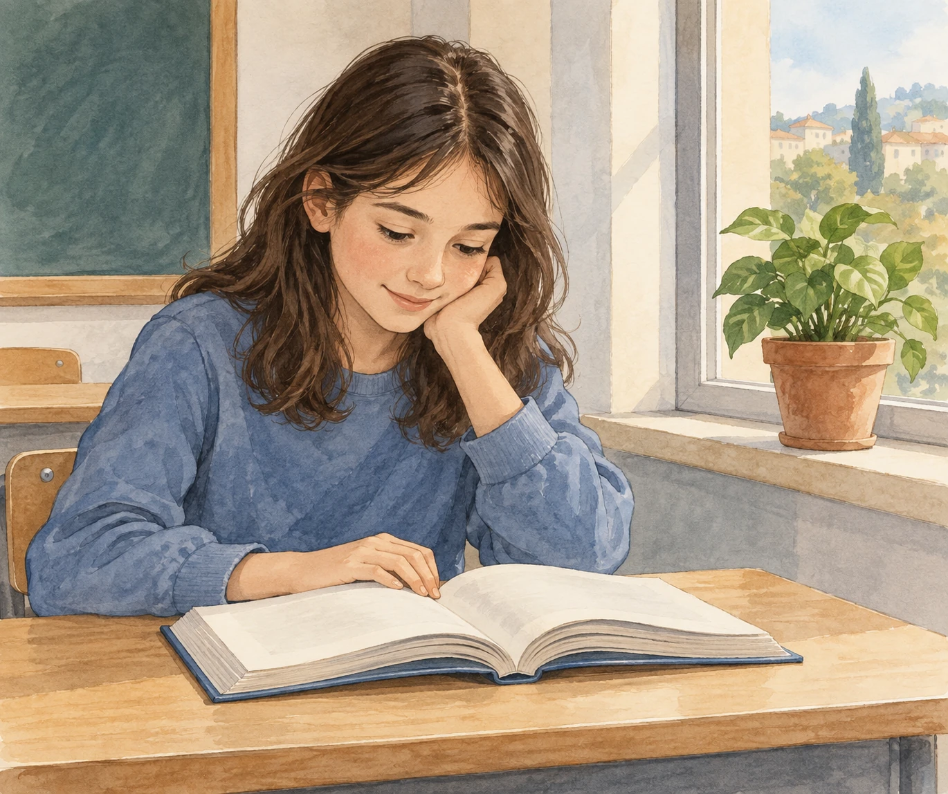 Una studentessa legge un libro aperto accanto a una finestra; sul davanzale si vede una pianta in vaso.