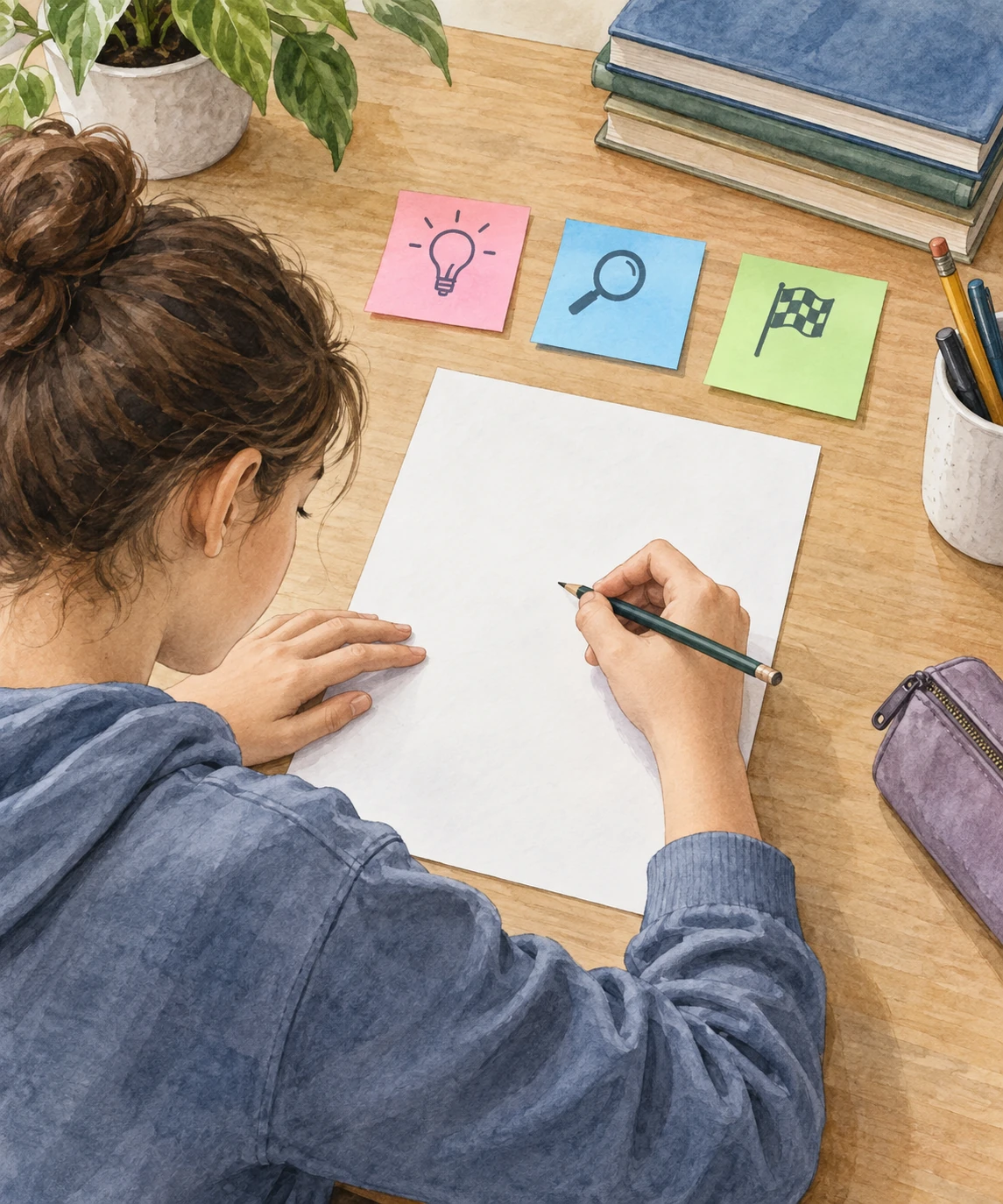 Studentessa prepara un paragrafo su un foglio bianco con tre note di colori diversi.