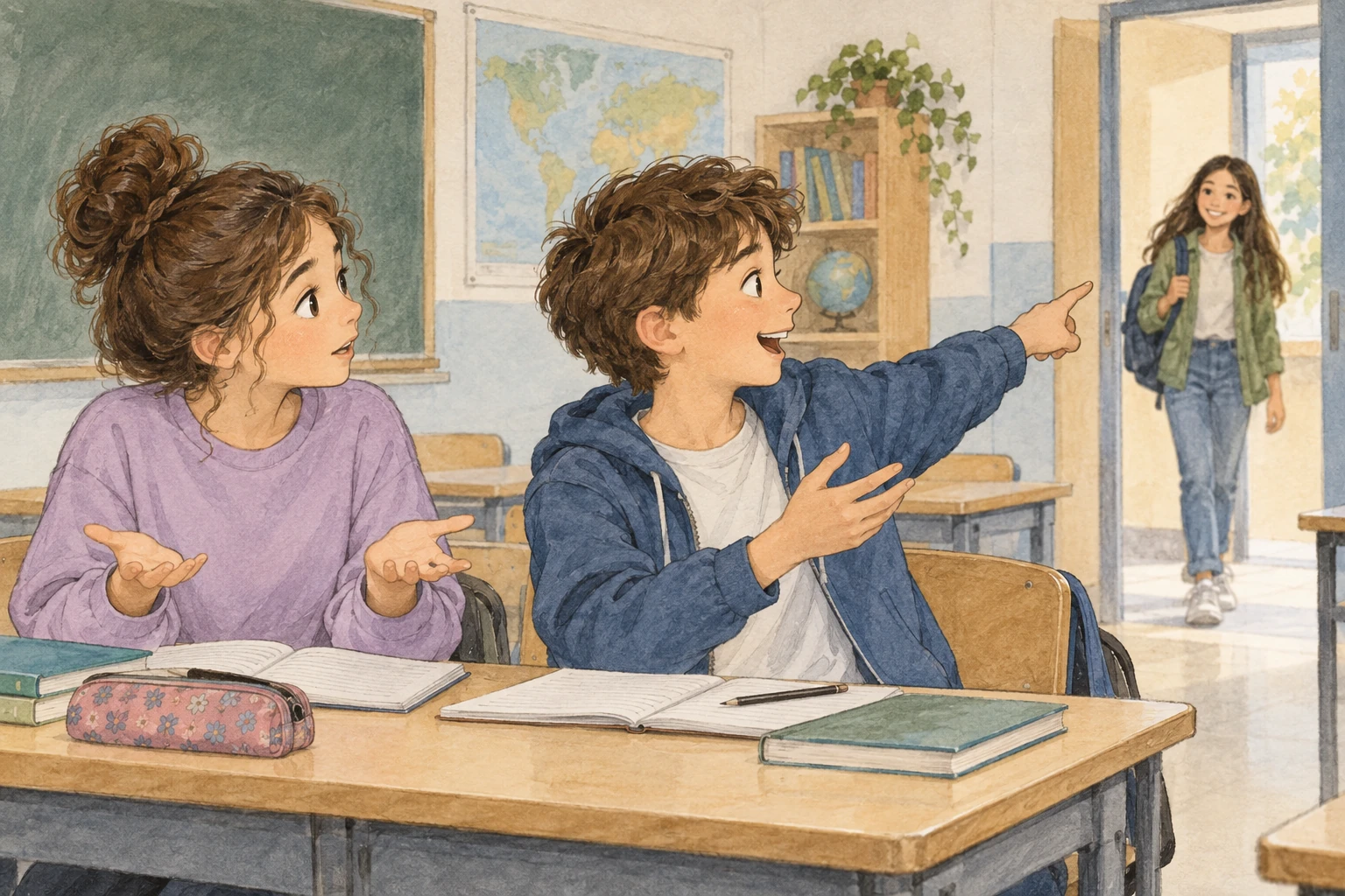 In classe una studentessa apre le mani con aria interrogativa, un compagno indica animatamente una studentessa appena arrivata alla porta.