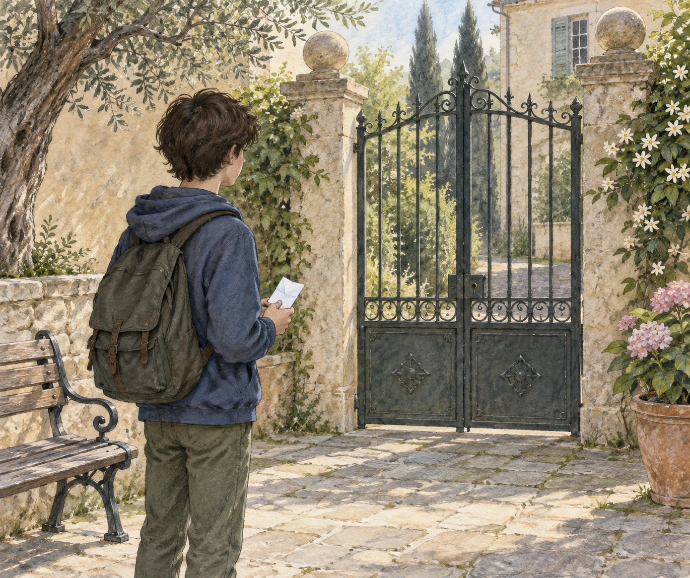Ragazzo con un biglietto piegato davanti al cancello chiuso di un giardino.