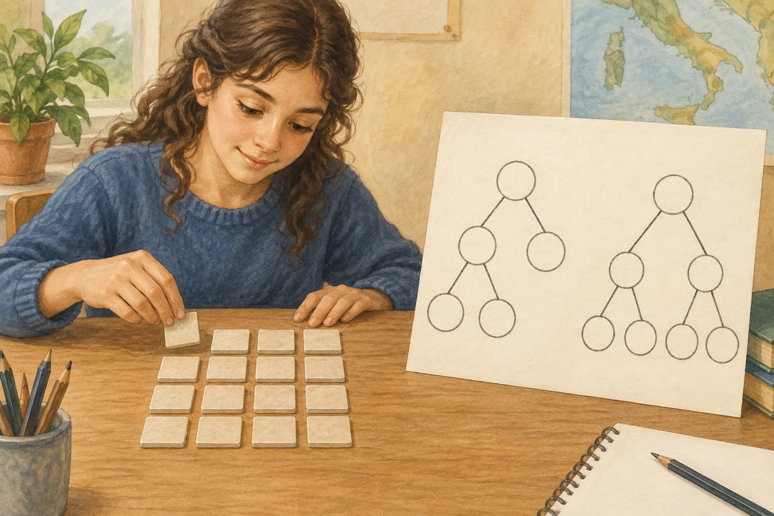 Studentessa sistema sedici tessere in quattro file di quattro e osserva due schemi ad albero vuoti.