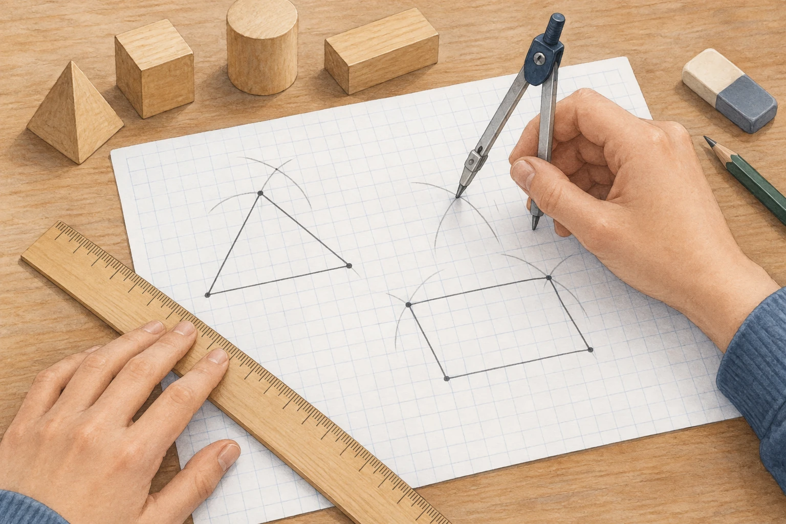 Mani usano riga e compasso per disegnare un triangolo e un quadrilatero su carta quadrettata.
