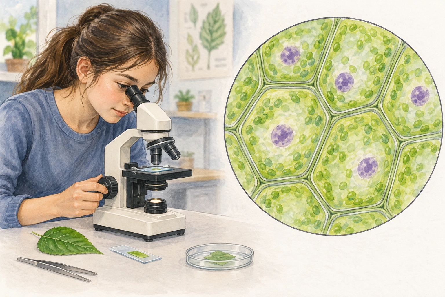 Studentessa osserva una foglia al microscopio; accanto modello illustrato di cellule vegetali con pareti e nuclei.