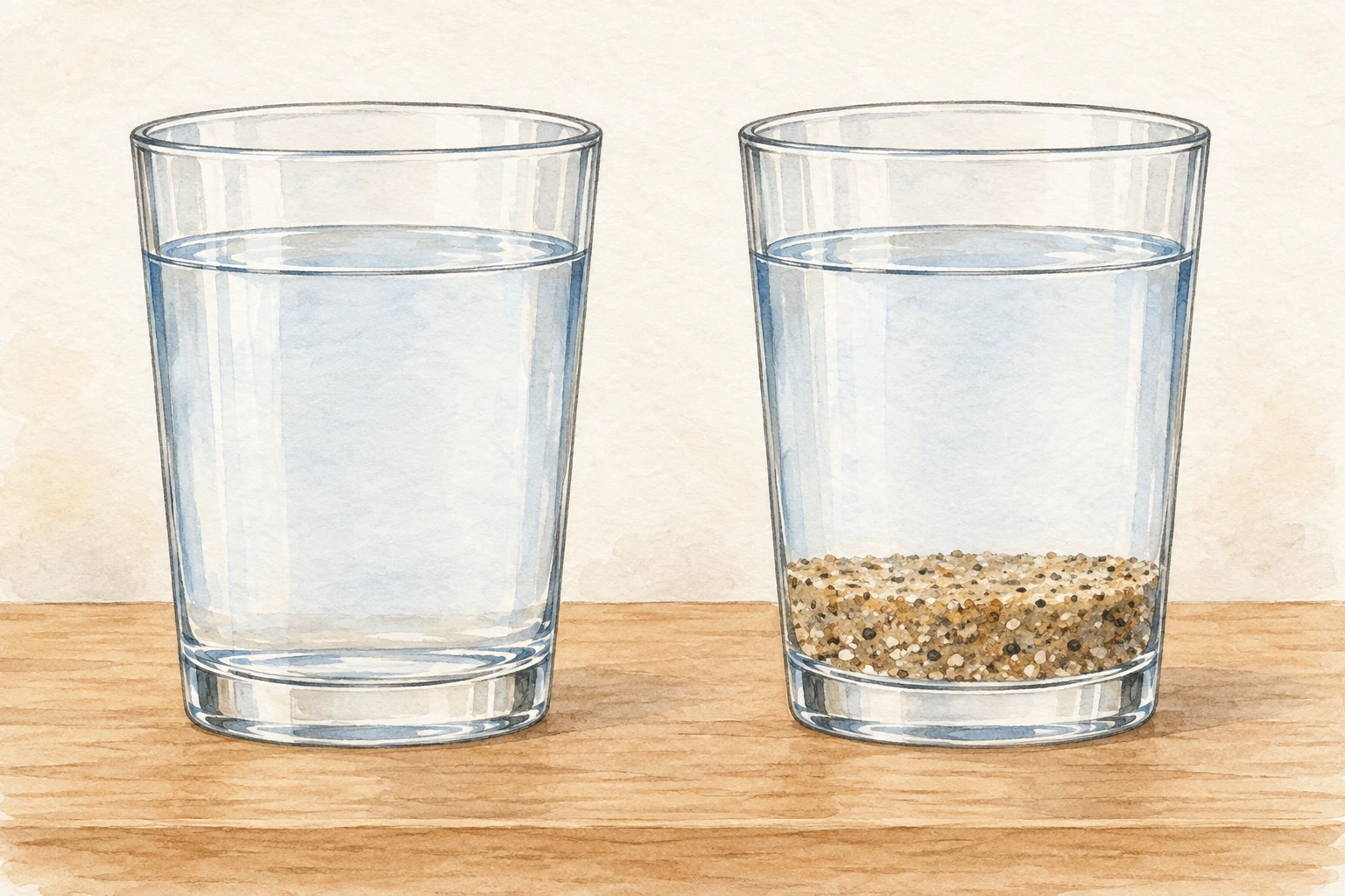 Due bicchieri con lo stesso livello d'acqua: a sinistra il liquido è uniforme, a destra si vedono granelli di sabbia depositati sul fondo.