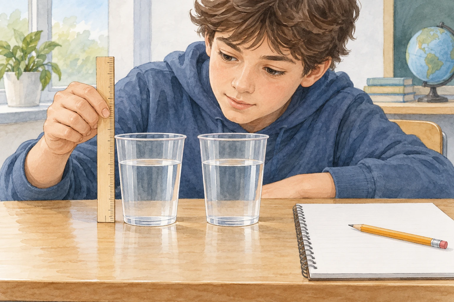 Studente osserva due bicchieri d'acqua simili usando un righello e un quaderno aperto.