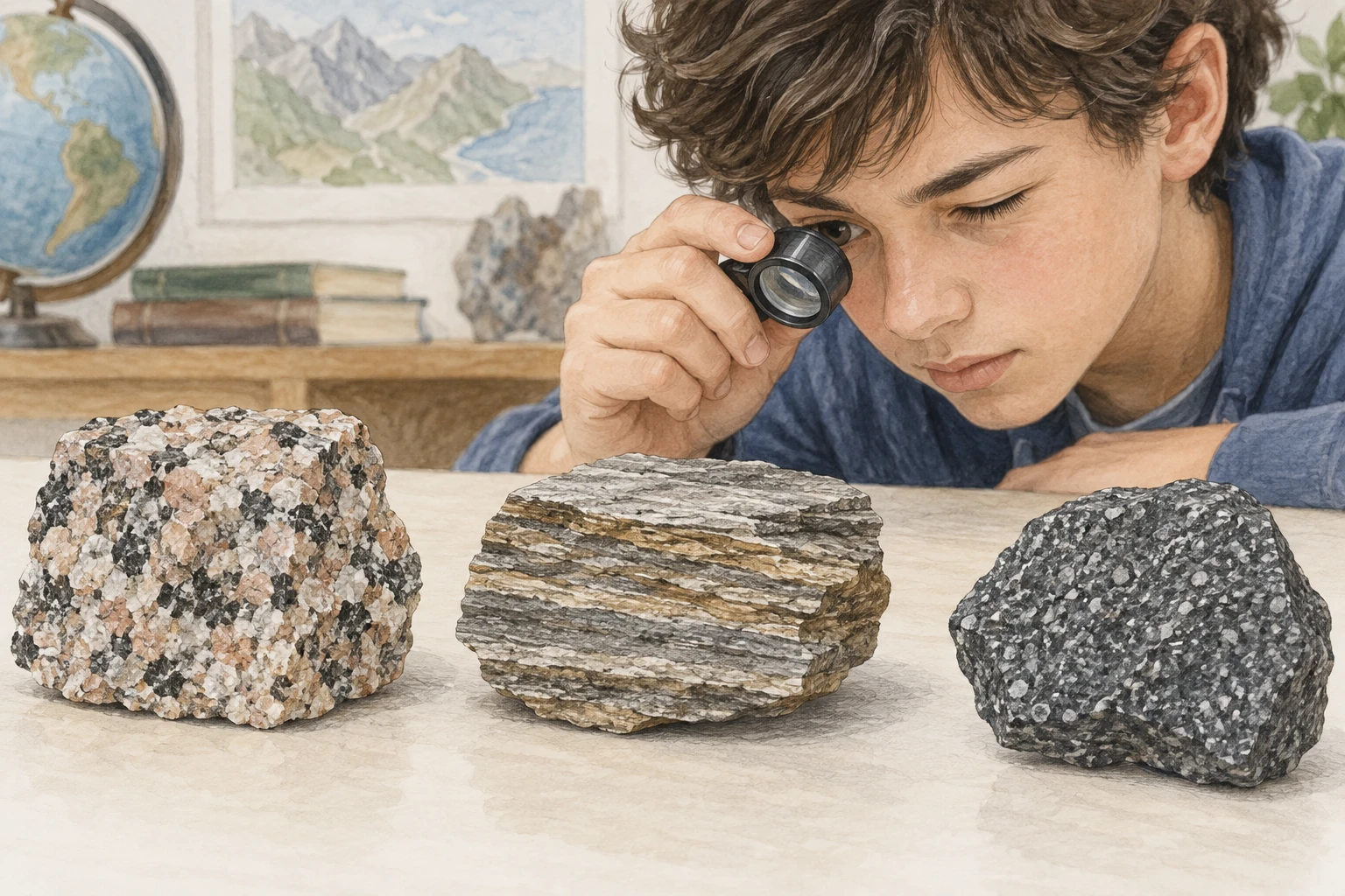 Studente osserva con lente tre campioni di roccia dalle tessiture diverse.