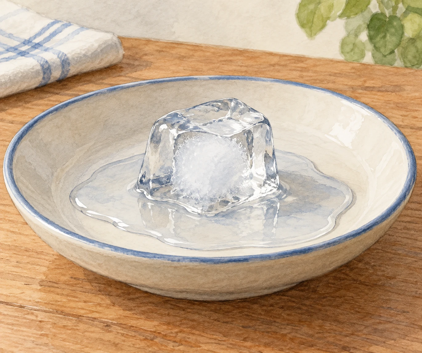Un cubetto di ghiaccio parzialmente fuso in una ciotola, con una pozza d'acqua liquida intorno alla base.