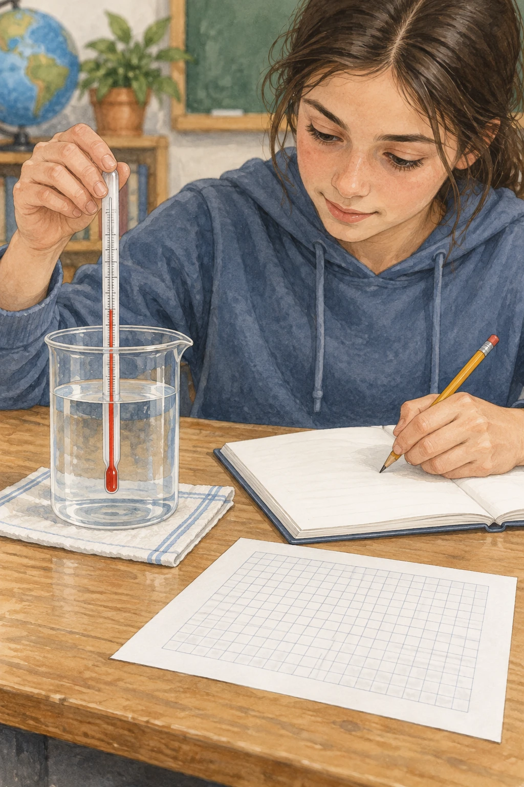 Studentessa osserva un termometro immerso in acqua e annota dati in un quaderno.
