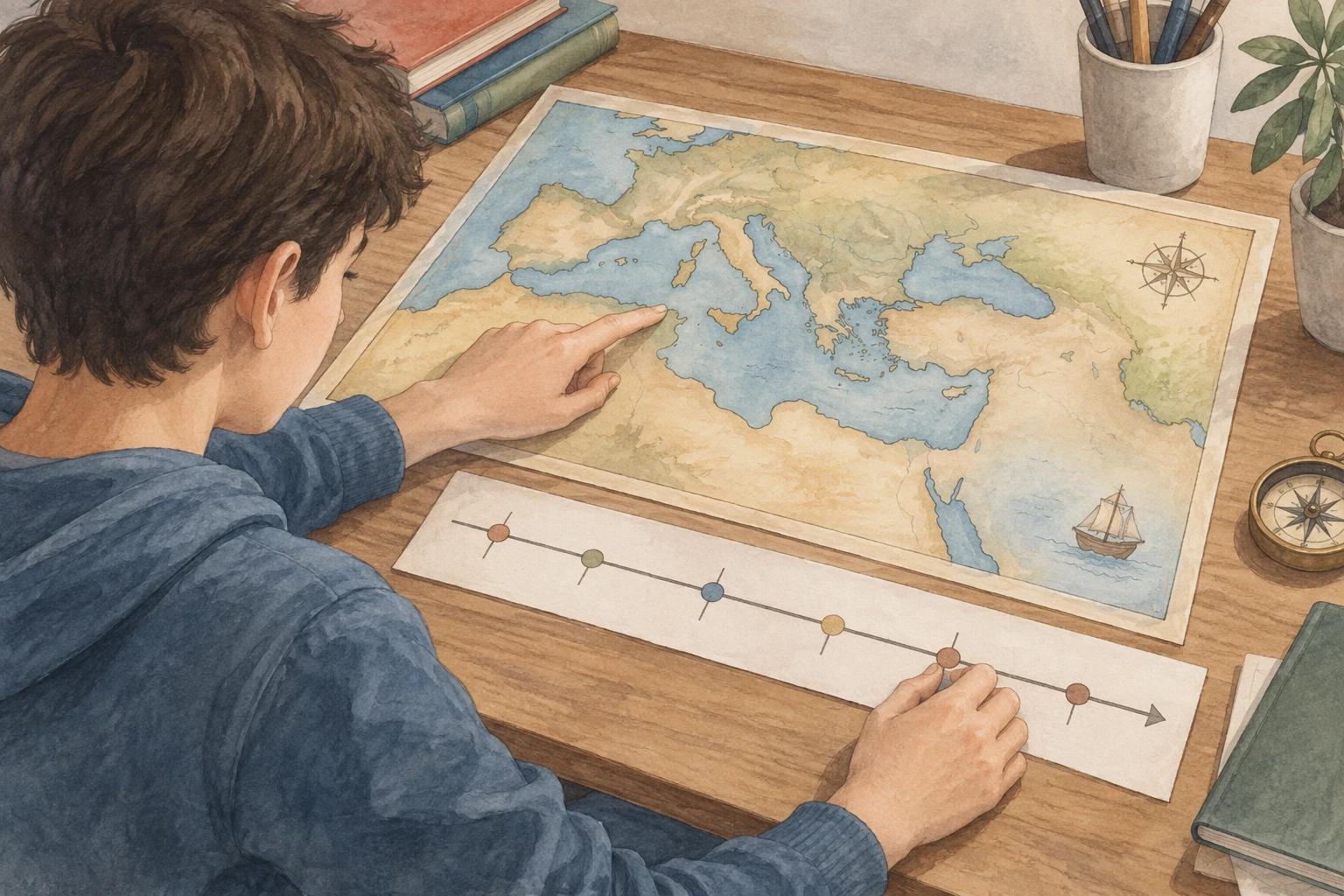 Studente osserva una carta illustrata del Mediterraneo e una striscia cronologica senza date leggibili.