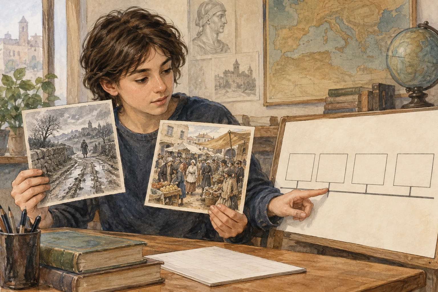 Studentessa confronta due immagini storiche illustrative e una sequenza vuota.