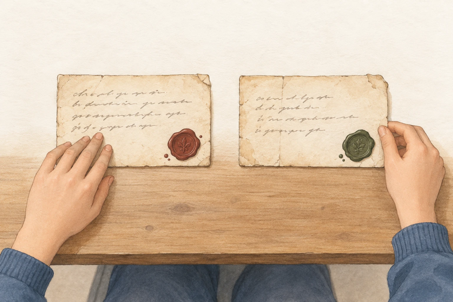 Due schede d'archivio con scrittura non leggibile sono disposte da sinistra a destra, mentre alcune mani le ordinano.