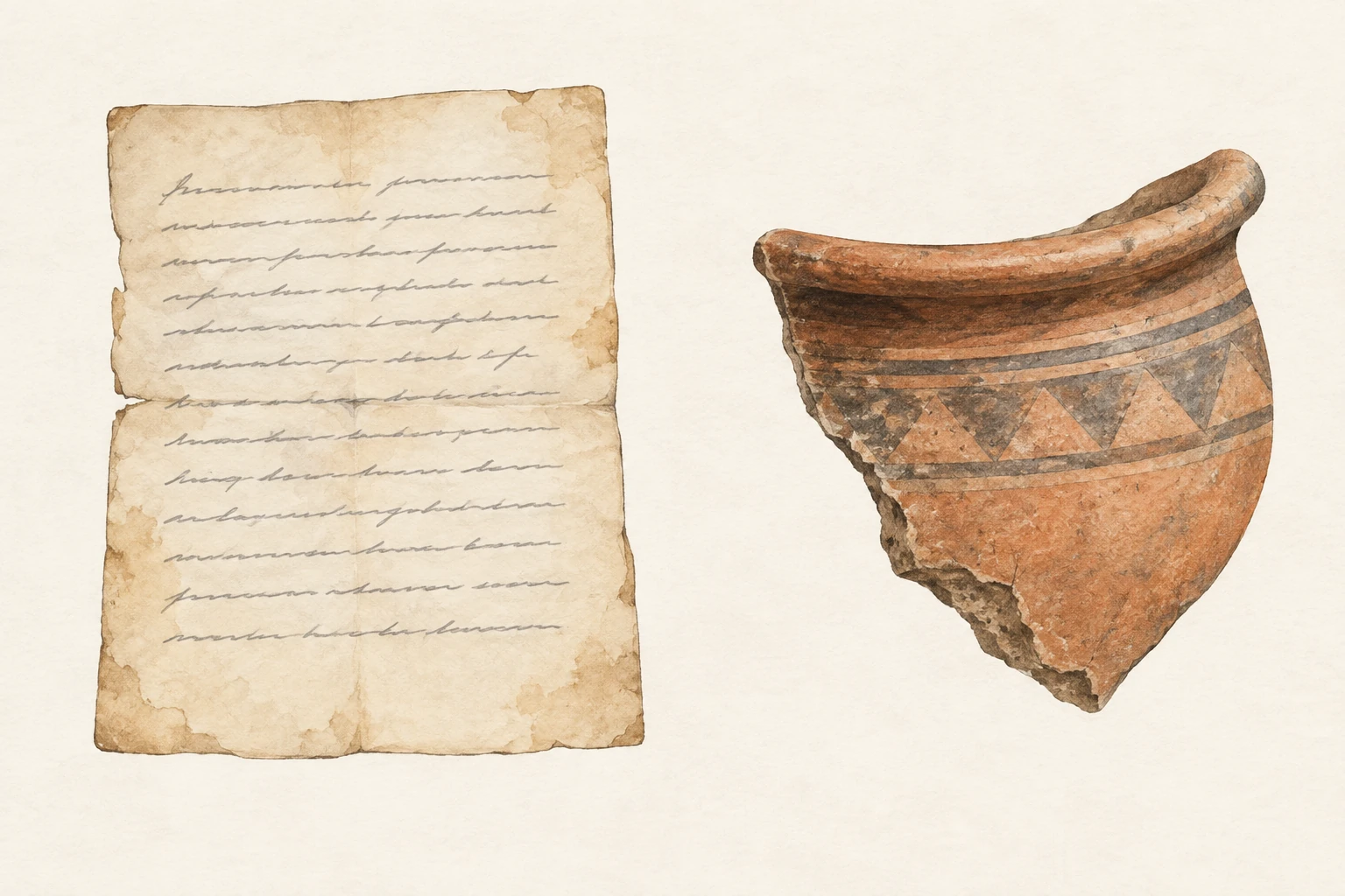 A sinistra un foglio invecchiato con righe di scrittura non leggibili; a destra un frammento decorato di un recipiente in ceramica.