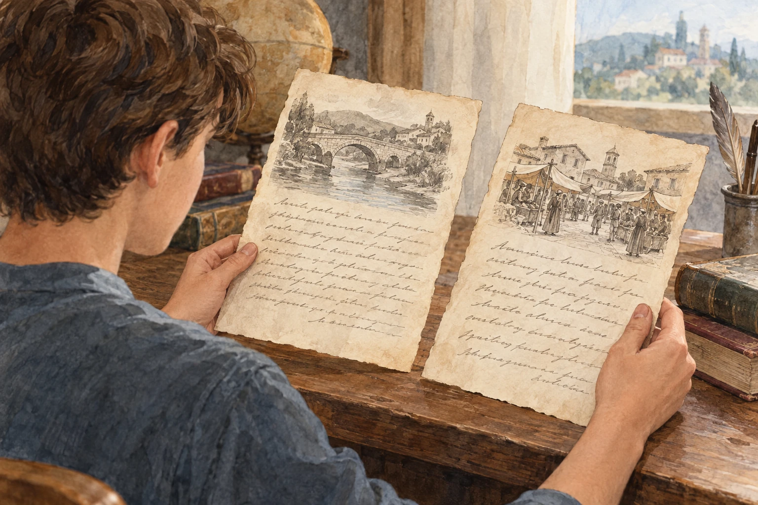 Studente confronta due documenti illustrati, uno con un ponte e uno con un mercato.