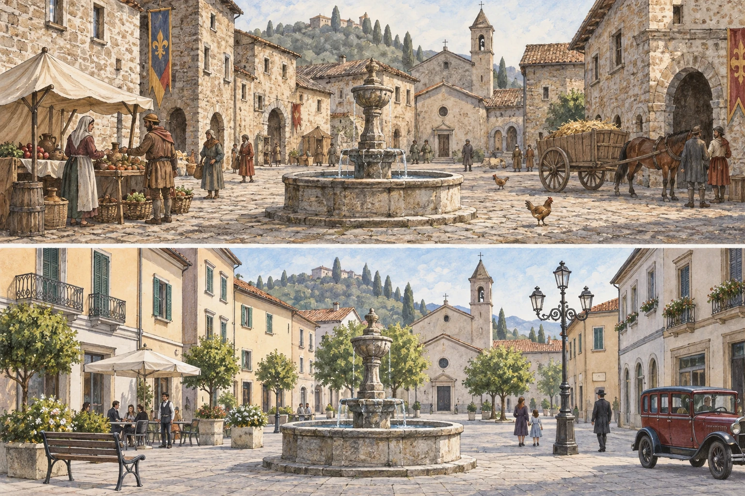 Due viste illustrate di una piazza inventata in epoche diverse con la stessa fontana centrale.