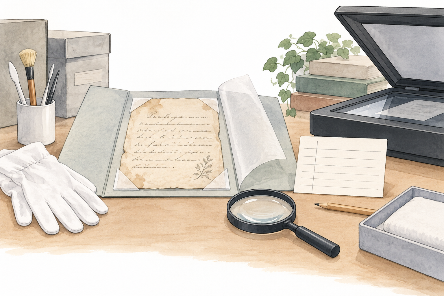 Tavolo archivistico illustrato con lettera fittizia in cartella, scheda vuota, lente e scanner.