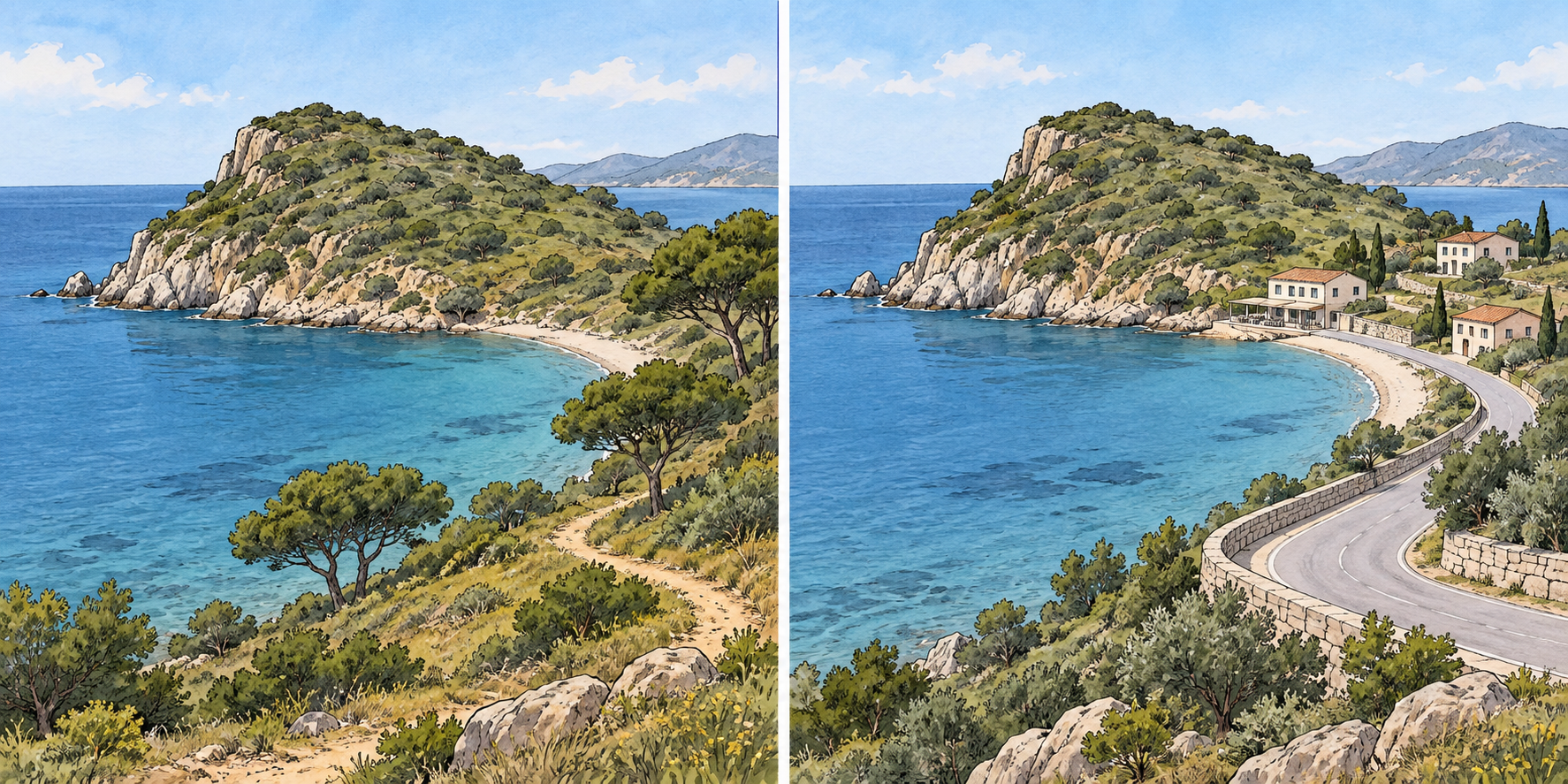 Due viste illustrate della stessa baia immaginaria: altura rocciosa e insenatura simili; nella seconda compaiono una strada e alcuni edifici bassi.