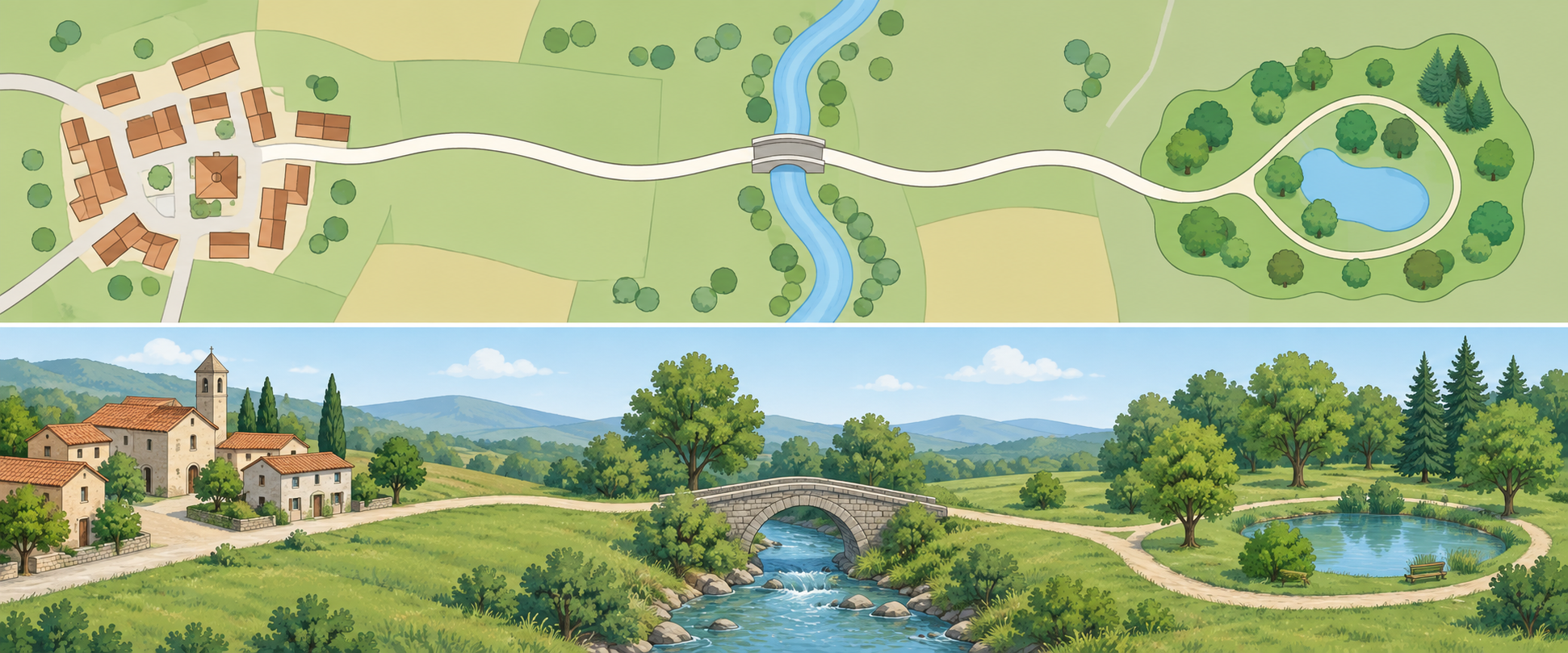 Due pannelli di un luogo inventato: carta dall'alto e paesaggio, entrambi con borgo, ponte e parco nello stesso ordine.