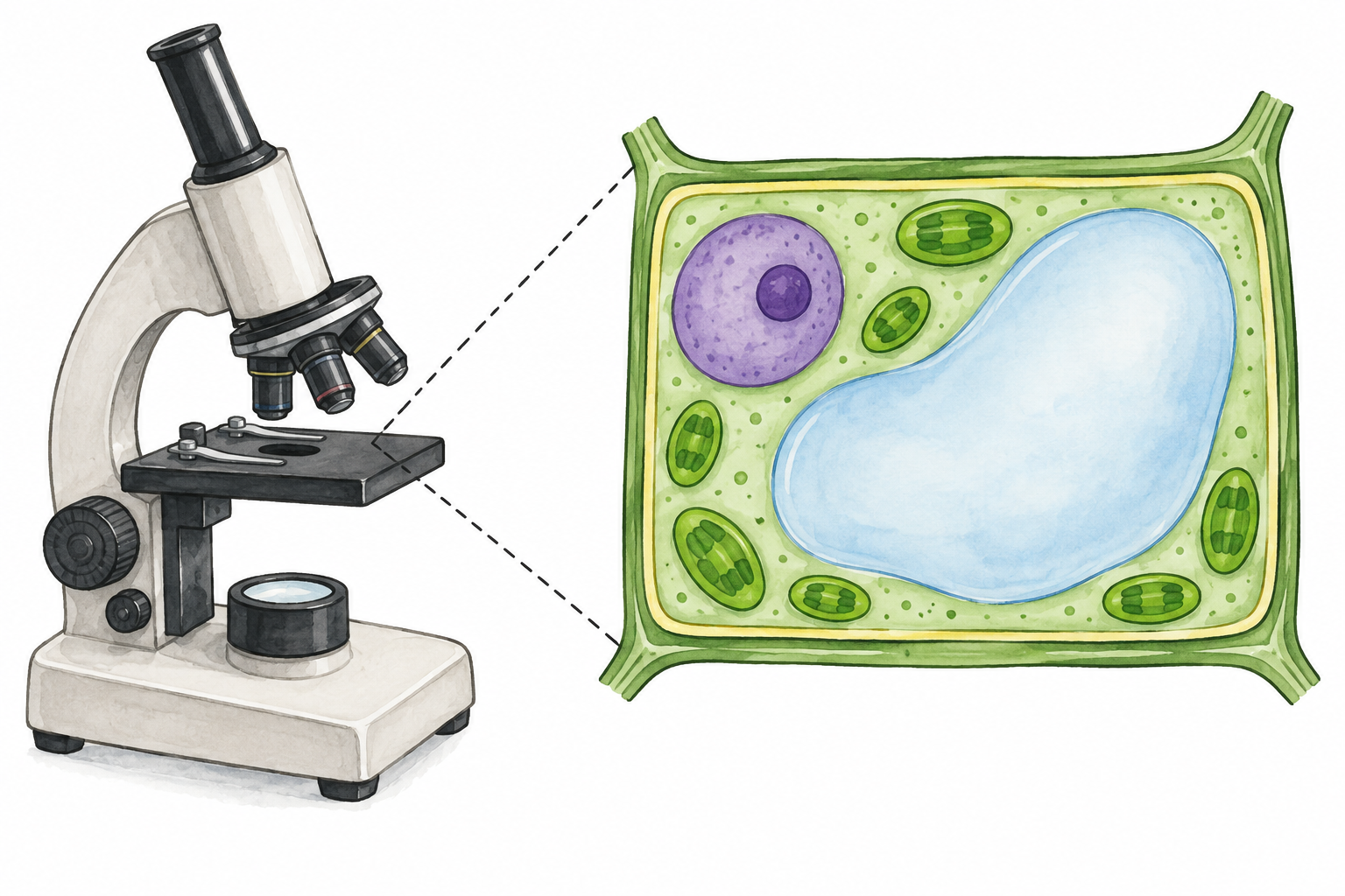 Microscopio scolastico accanto a un diagramma colorato di cellula vegetale con parete, nucleo, vacuolo e organuli senza etichette.