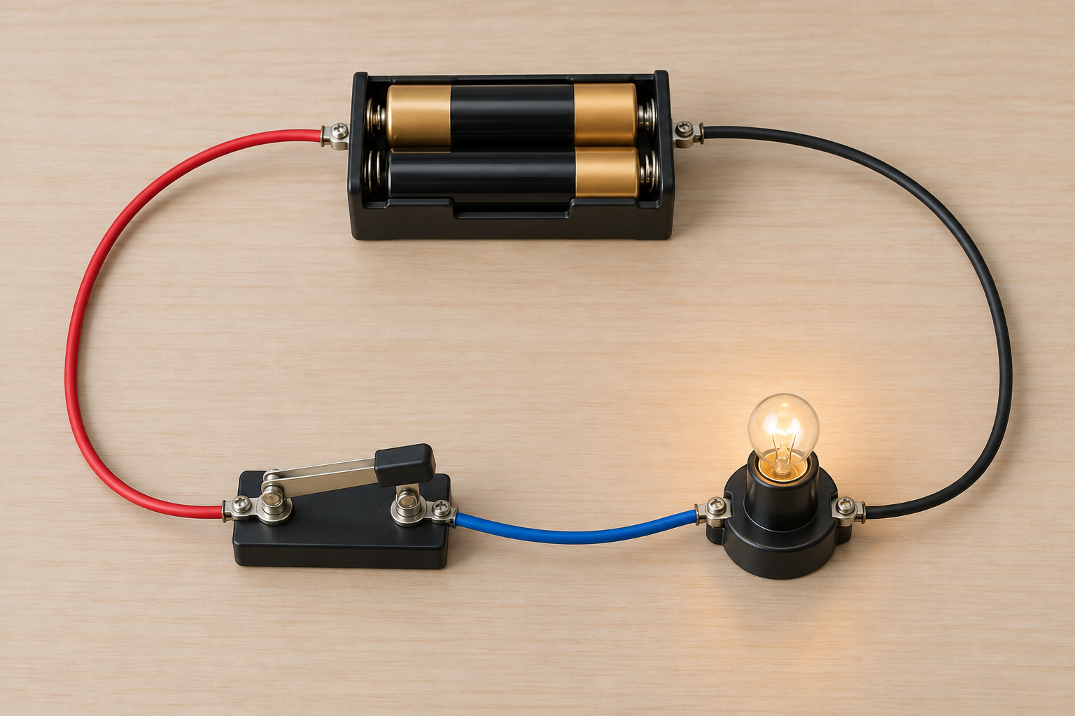 Kit didattico a bassa tensione con portapila, interruttore chiuso, una lampadina accesa e fili che completano il circuito.