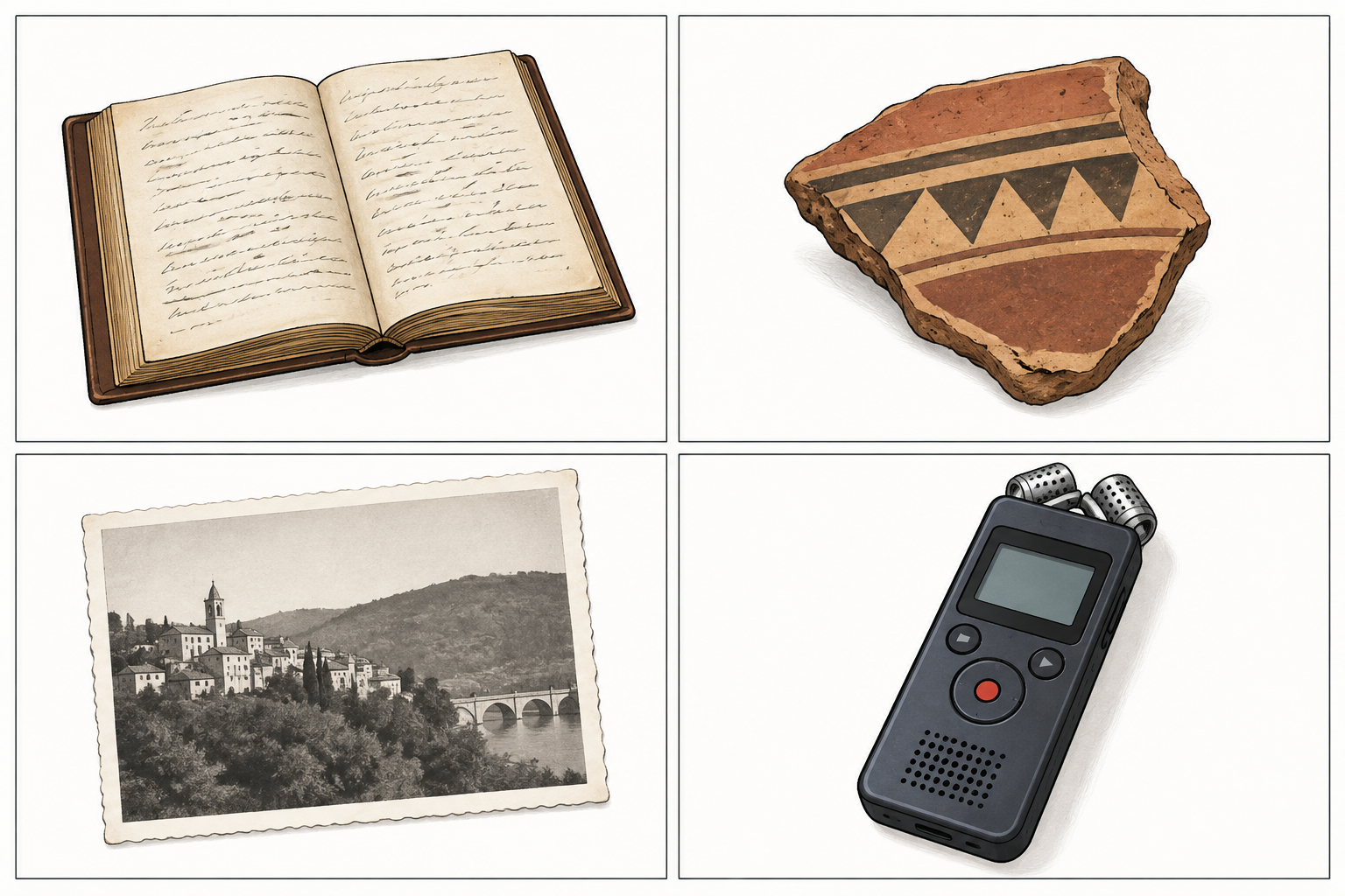 Illustrazione moderna in quattro riquadri: registro scritto, frammento di ceramica, fotografia antica e registratore per intervista orale; sono esempi, non fonti autentiche di un caso storico.
