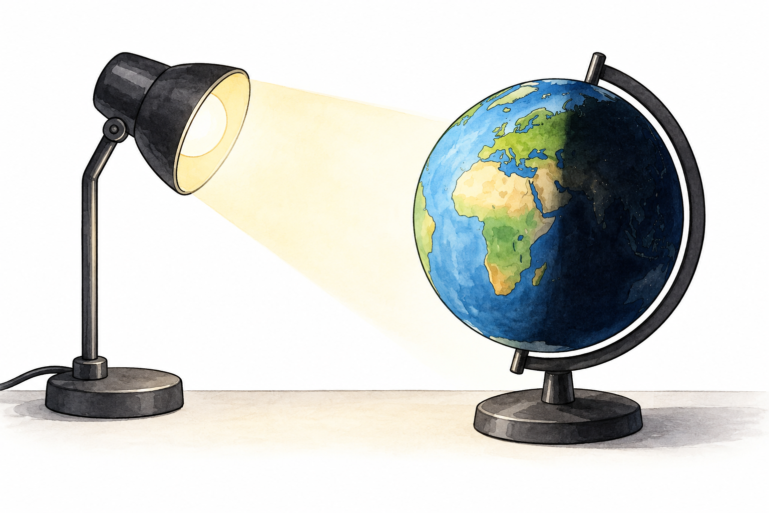 Lampada da tavolo che illumina un lato di un globo scolastico, lasciando l'altro in ombra.