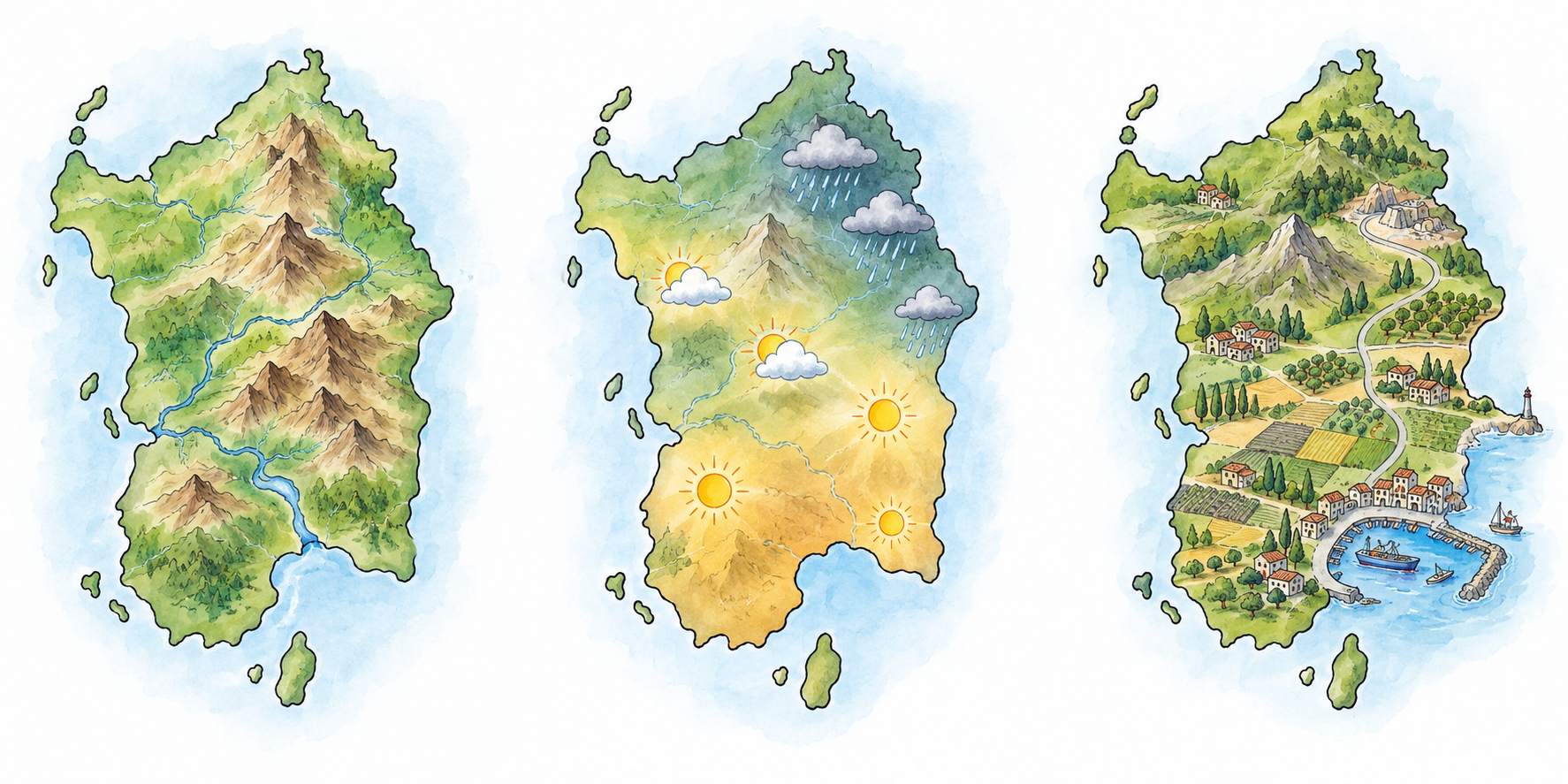 Tre pannelli della stessa isola inventata: rilievi e fiumi, simboli di sole e pioggia, poi campi e un piccolo porto.