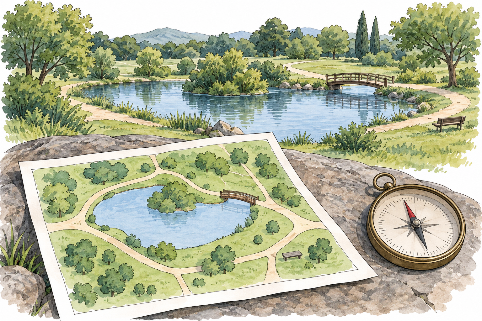 Carta illustrata di un parco fittizio, laghetto e ponte riconoscibili nel paesaggio, con bussola accanto.