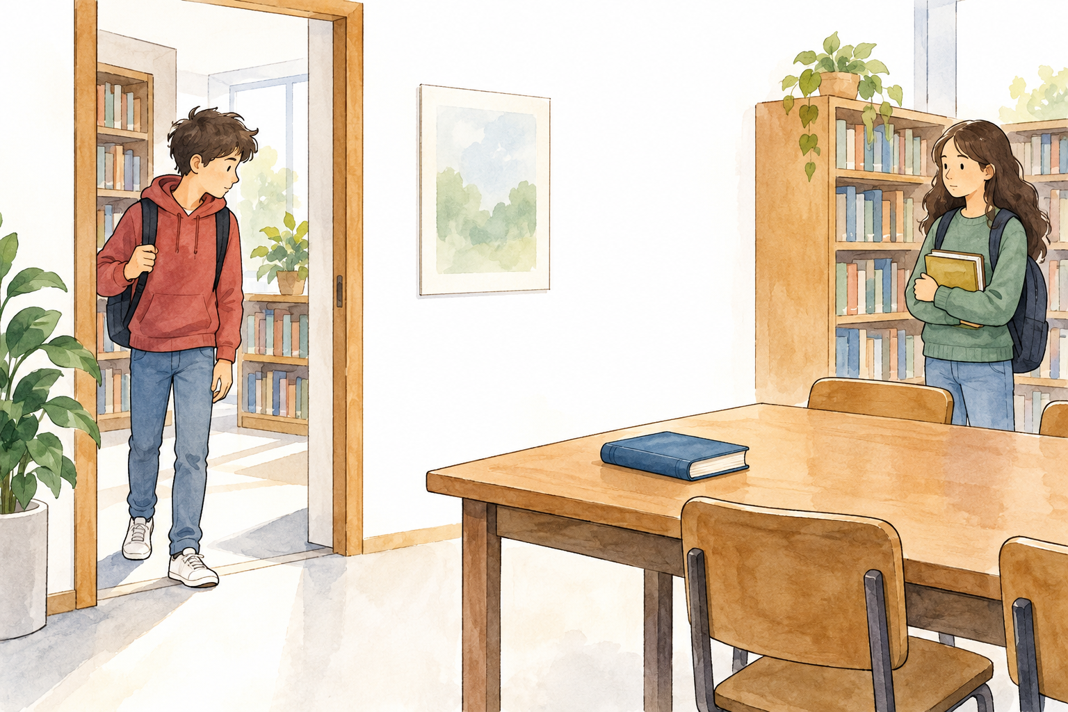 Due studenti immaginari in biblioteca e un libro sul tavolo, senza parole o gesti che rivelino intenzioni.
