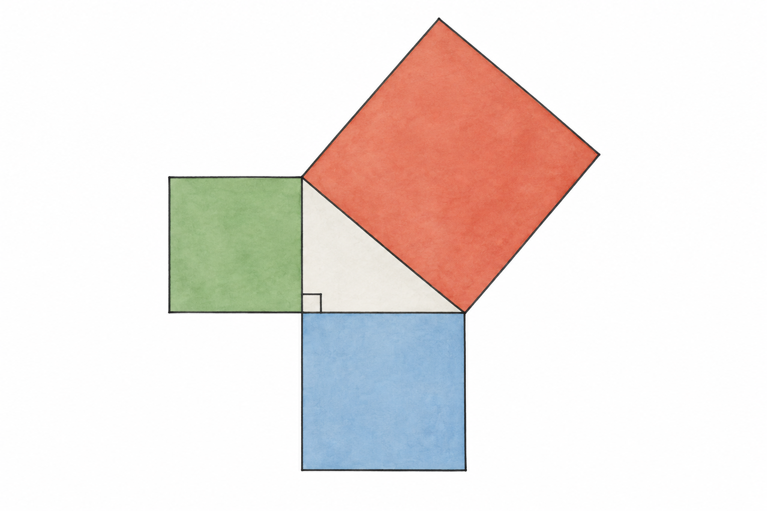Triangolo con angolo retto e tre quadrati colorati costruiti sui lati, senza cifre.