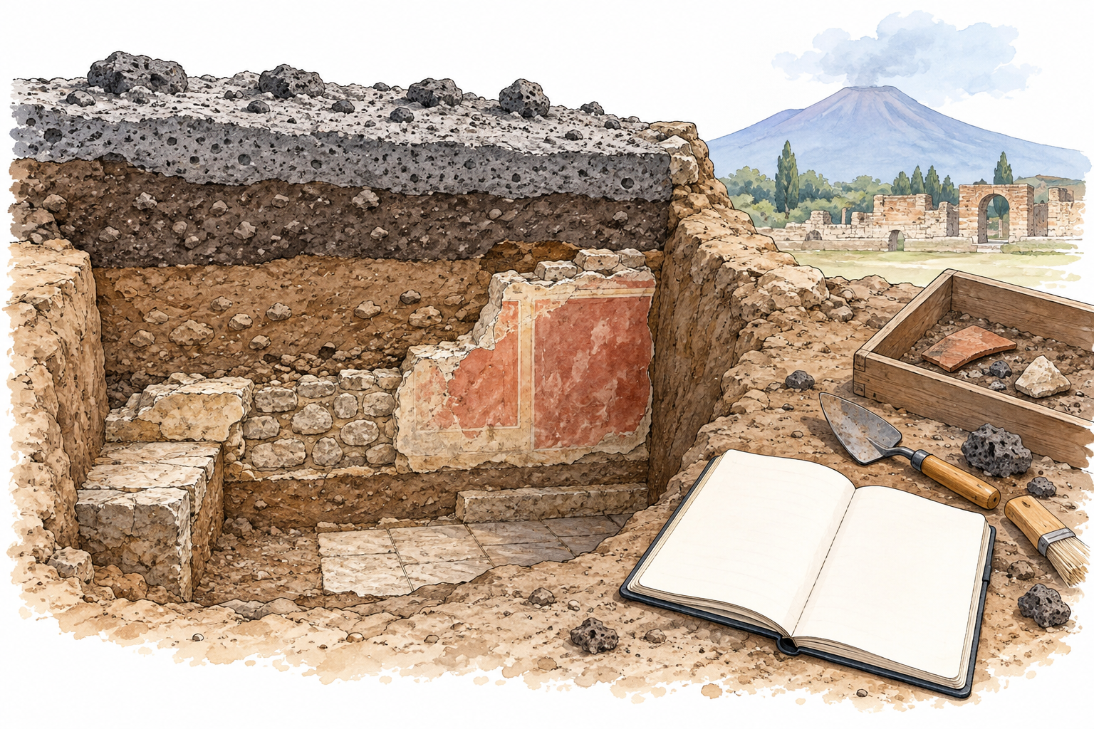 Sezione di terreno archeologico immaginata con livelli colorati e strumenti di documentazione, senza dati di scavo.